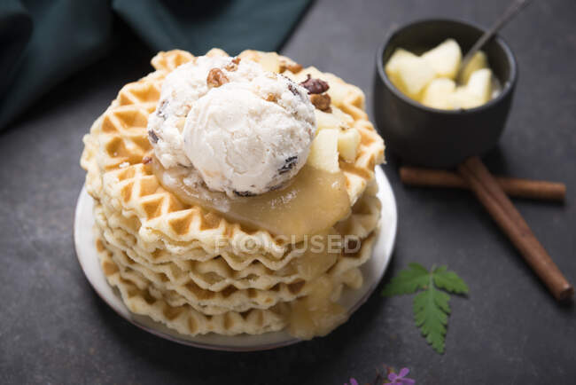 Gofres con helado de vainilla y nuez de nuez, salsa de manzana y compota de manzana - foto de stock