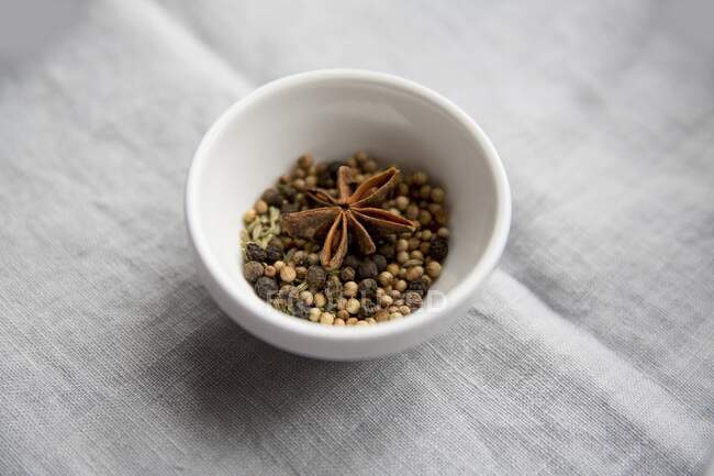 Fennel seeds, coriander seeds, star anise and peppercorns — Stock Photo