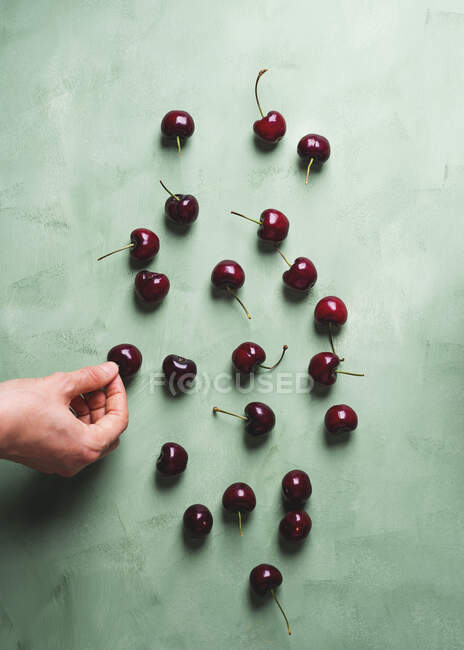 Ripe cherries over green background with female hand taking one cherry away — Stock Photo