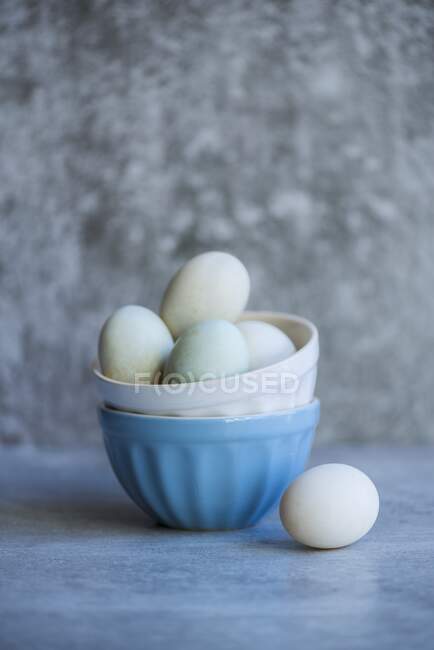 Duck eggs in white and blue porcelain bowls — Stock Photo