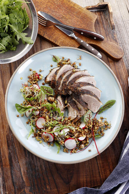 Duck breast served with fried sprouts — Stock Photo