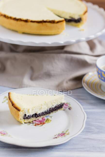 Gâteau au fromage au pavot, tranché, vue rapprochée — Photo de stock