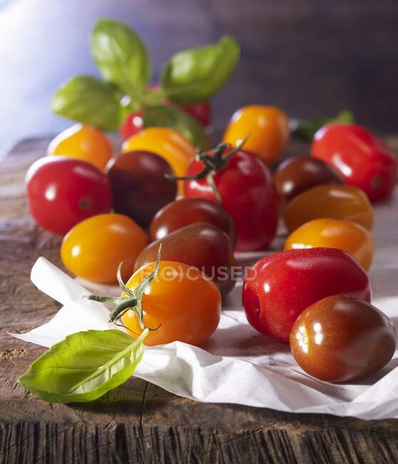 Différents types de mini tomate avec du basilic sur papier et un carton en bois — Photo de stock