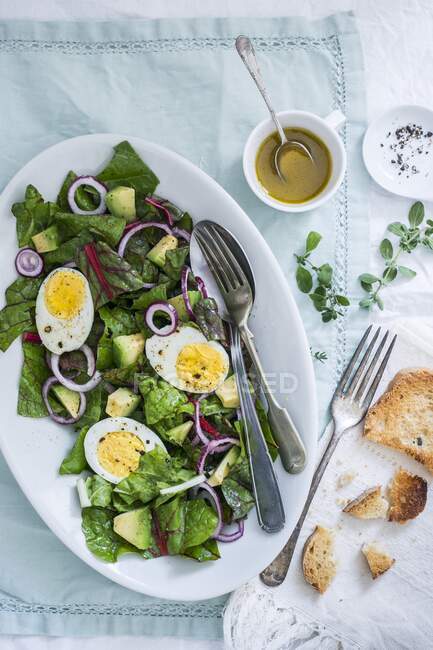 Ensalada de espinacas con huevos cocidos, cebolla, aguacate y vinagreta - foto de stock
