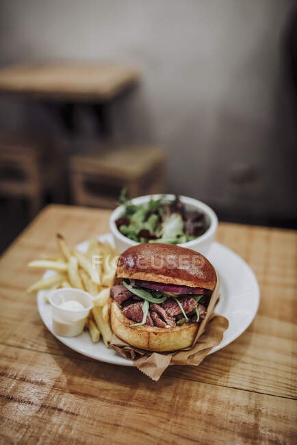 Close-up shot of delicious Pulled beef burger served with salad and fries — Stock Photo