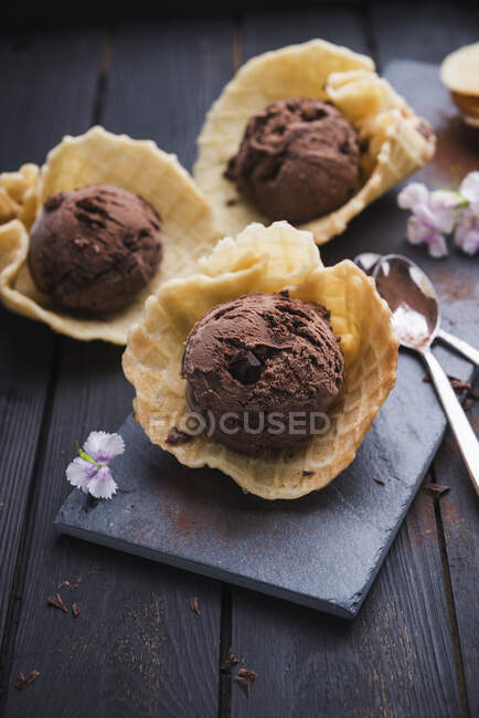 Helado de chocolate vegano con chips de chocolate en cáscaras de waffle - foto de stock