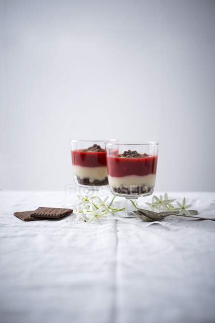 Desserts made with chocolate biscuits, semolina porridge and strawberry compote (vegan) — Stock Photo