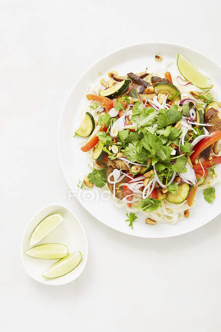 Udon noddles with vegetables and miso paste — Stock Photo