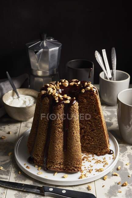 A nut and nougat gugelhupf with chocolate ganache — Stock Photo