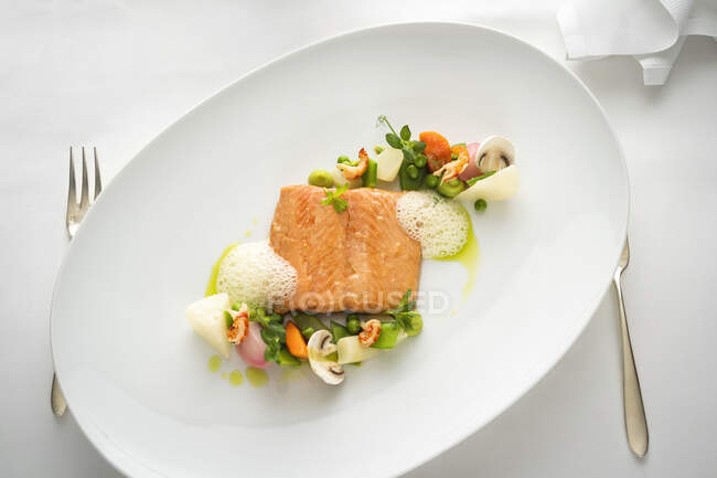 Filete de salmón con verduras y salsa - foto de stock
