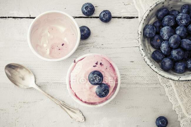Frozen yoghurt with fresh blueberries with spoon on wooden surface — Stock Photo