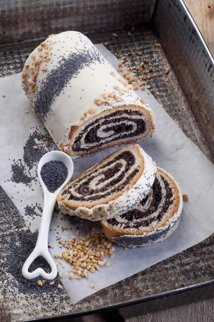 Christmas poppyseed strudel close-up view — Stock Photo