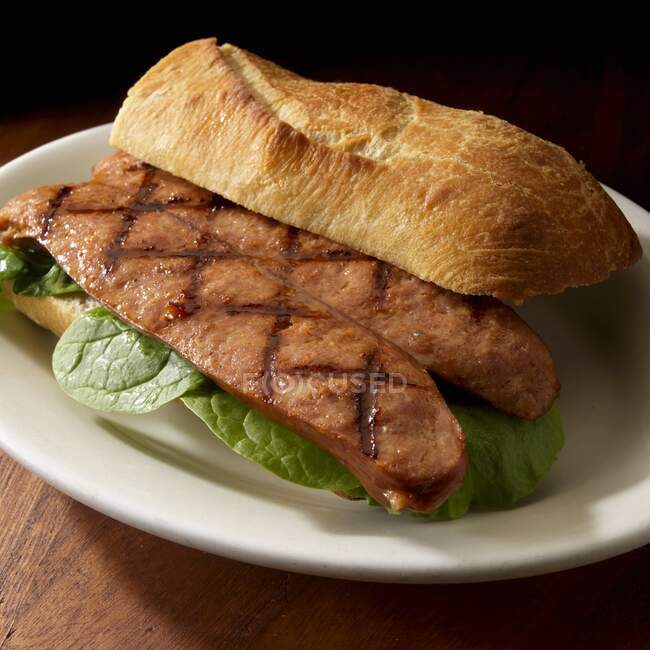 Grilled Andouille sausage sandwich on artisanal bread — Stock Photo