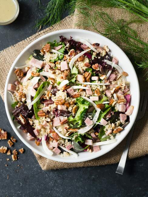 Ham, fennel and quinoa salad on dark background — Stock Photo