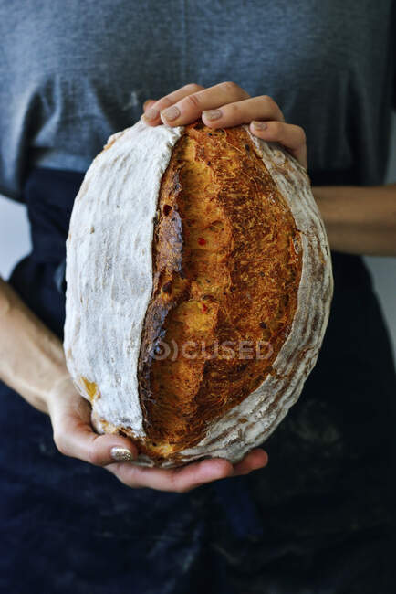 Mujer está sosteniendo una gran barra de pan de masa fermentada en sus manos - foto de stock