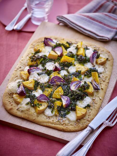 Vegetables pastry with butternut squash, green cabbage and red onions — Stock Photo