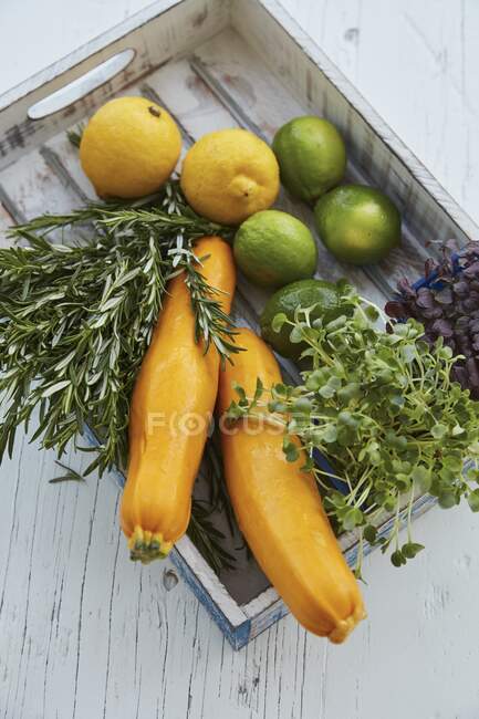 Rosemary, lemons, limes, zucchini and two varieties of cress in a wooden crate — Stock Photo