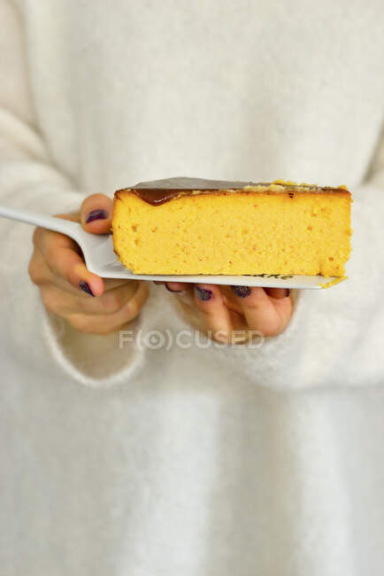 Mulher está segurando um prato com um pedaço de cheesecake abóbora — Fotografia de Stock
