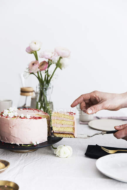 Un gâteau à la crème aux fraises tranchée — Photo de stock
