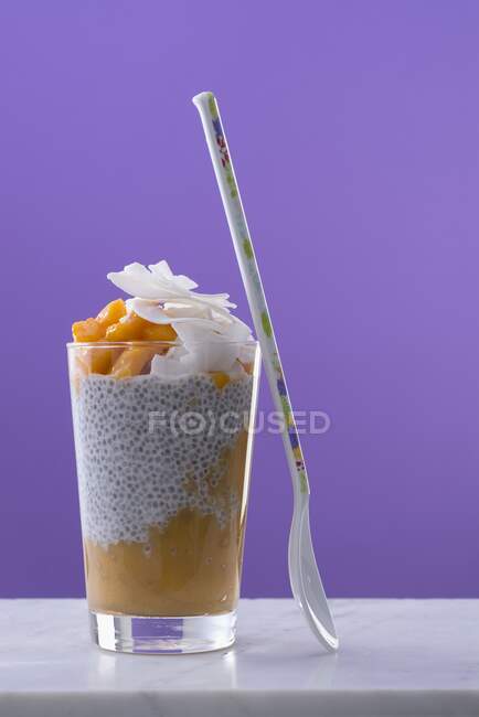 Budino di chia con purea di mango e scaglie di cocco nel bicchiere da dessert — Foto stock