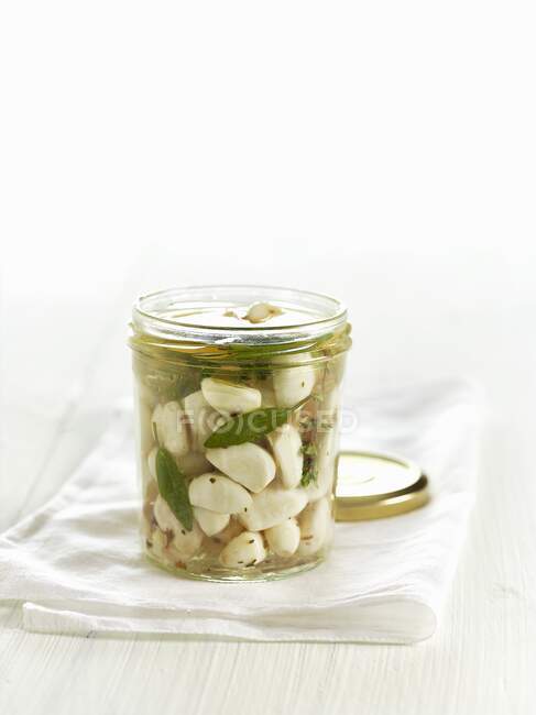 Lacto fermented garlic with sage and thyme in a mason jar — Photo de stock