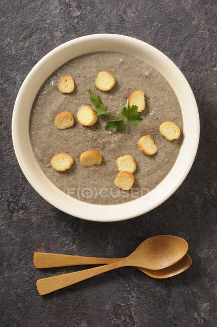 Mushroom cream soup with croutons — Stock Photo