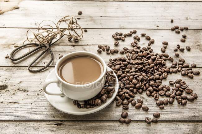 Белый кофе в чашке и кофейных зерен с ножницами и ниткой в фоновом режиме — стоковое фото