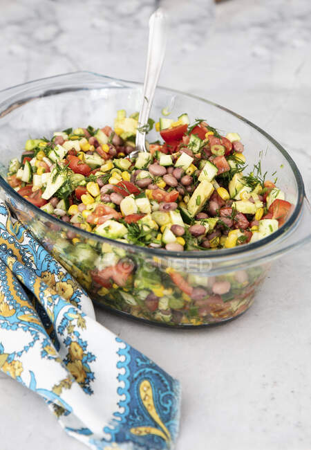 Red beans salad with corn, cucumber, tomatoes — Stock Photo