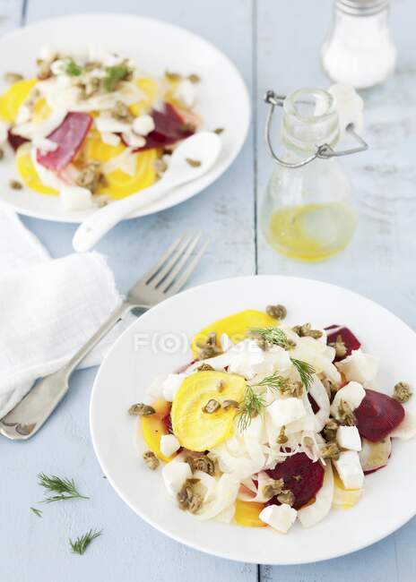 Rote-Bete-Kapernsalat auf Tellern — Stockfoto