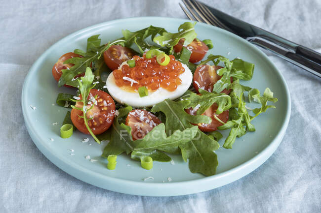 Salad made with arugula, tomatoes, egg, red salmon caviar and parmesan cheese — Stock Photo