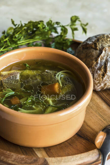 Vegetable and beef broth — Stock Photo