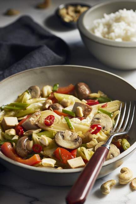 Stir fried vegetables with smoked tofu, spring onions, mushrooms, peppers, chili and cashews (Asia) — Stock Photo