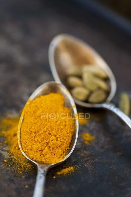 Cardamon and turmeric in small spoons — Stock Photo