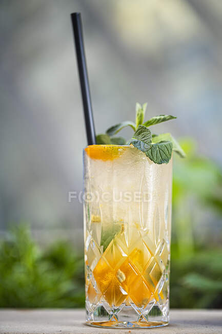 Cocktail with gin, almond syrup, lime juice, kumquats and mint in glass with straw — Stock Photo