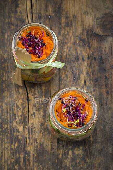 Радужный салат в стеклянных банках с красной капустой, желтым перцем, помидорами, огурцами, морковью и свекловичной капустой — стоковое фото