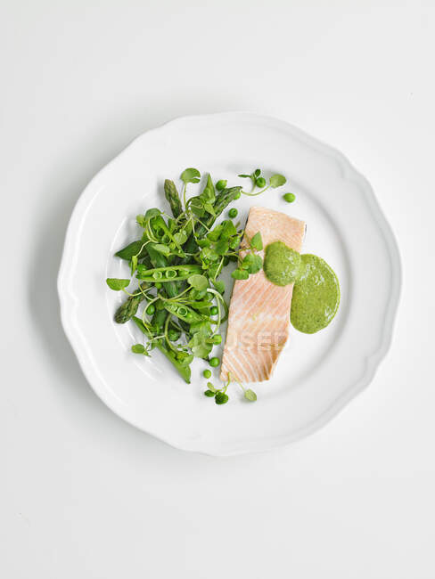 Peixe de truta escalfada com salada de agrião — Fotografia de Stock