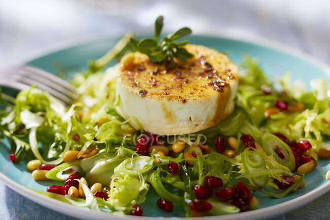 Baked sheep's cheese on cucumber salad — Stock Photo