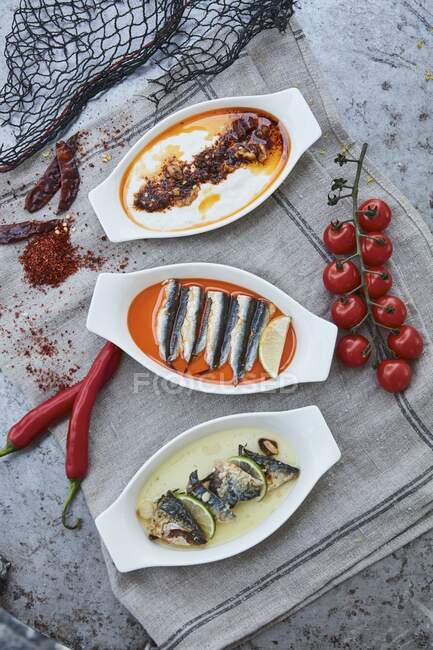 Três aperitivos de peixe diferentes em servir tigelas — Fotografia de Stock