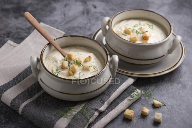 Веганський вершковий суп з грінками та кропом — стокове фото
