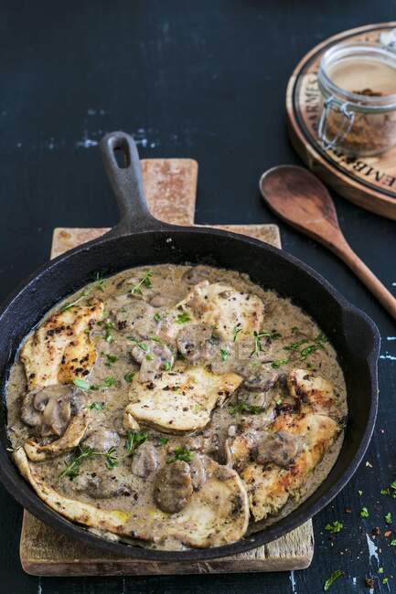 Close-up shot of delicious Chicken in creamy mushroom sauce — Stock Photo