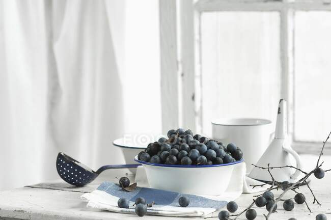 Frutti di biancospino in una ciotola di smalto con un ramo di biancospino e un imbuto su un tavolo da cucina — Foto stock
