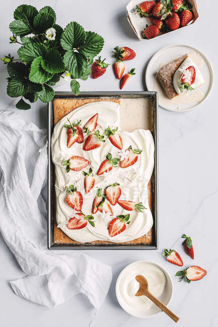 Strawberry tres leches cake — Stock Photo