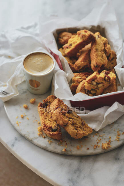 Cantuccini with almonds and coffee — Stock Photo