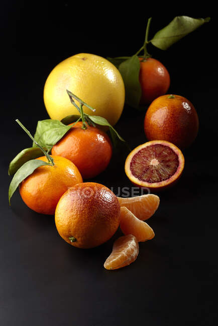 Varias frutas cítricas vista de cerca - foto de stock