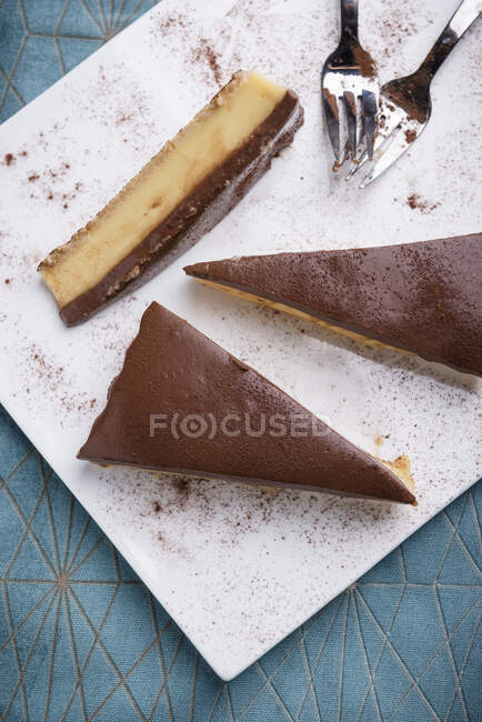 Vegan cake with a biscuit base, a layer of pudding cream and a layer of chocolate cream — Stock Photo