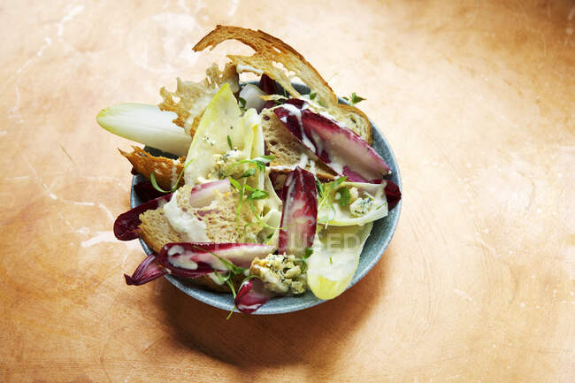 Salada de chicória e treviso com pão torrado — Fotografia de Stock