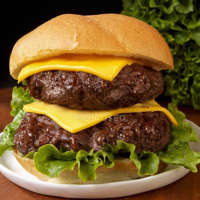 Primo piano colpo di delizioso doppio cheeseburger con lattuga — Foto stock