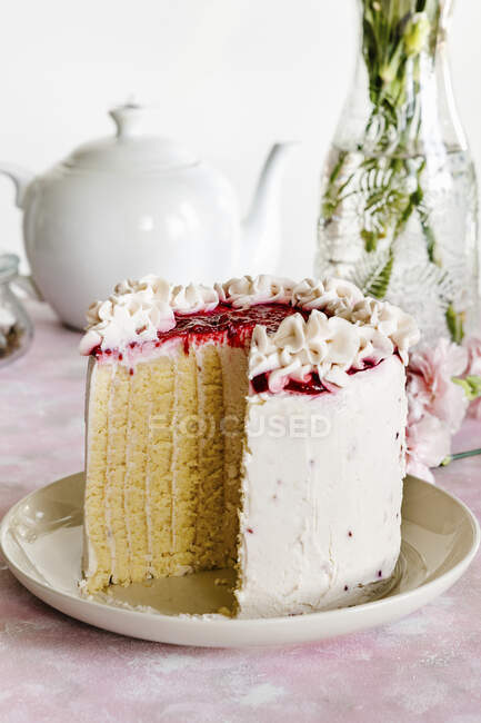 Vanilla and raspberry sponge roll cake — Stock Photo
