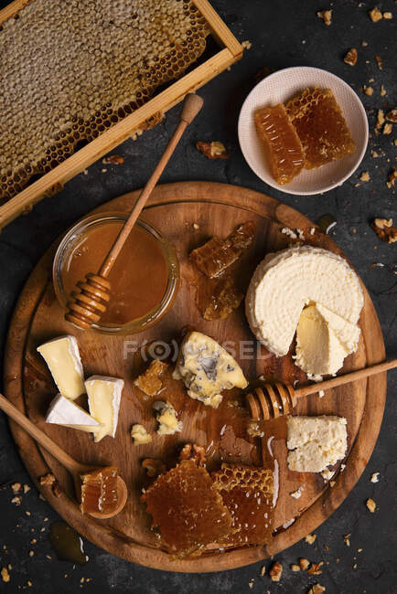Tagliere con ricotta, camembert, formaggio blu, noci e miele — Foto stock