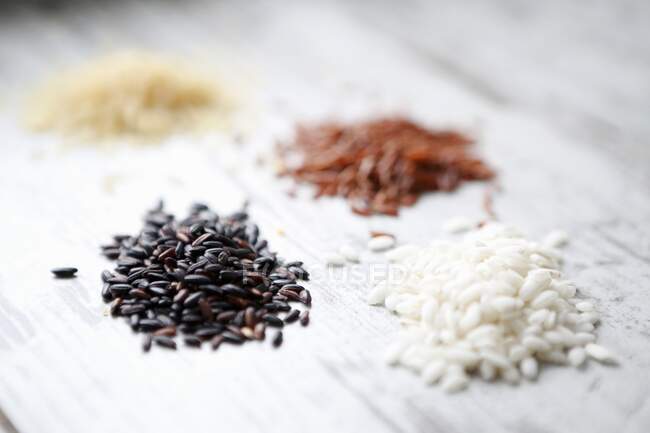 Четыре груды риса разных сортов — стоковое фото